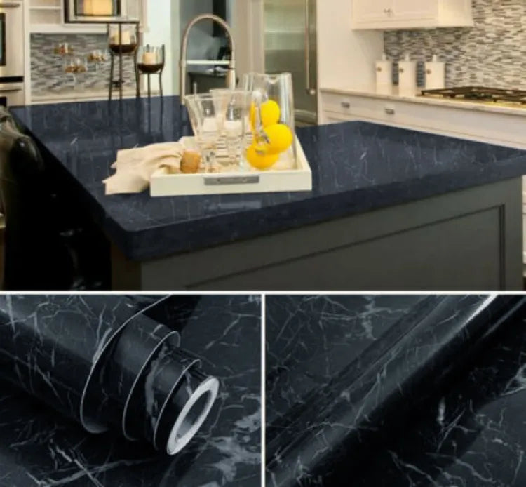 SELF ADHESIVE BLACK & WHITE MARBLE SHEET FOR KITCHEN / WATERPROOF ANTI OIL & HEAT RESISTANT WALLPAPER SHEET